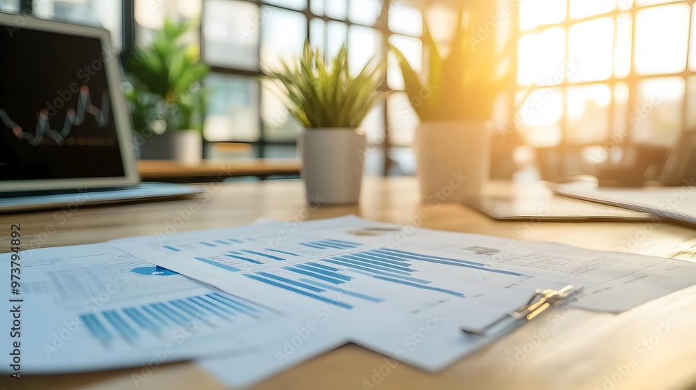 Poster business data analysis with graphs and charts on a desk