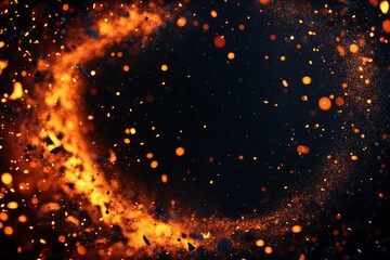 Fire embers particles over black background. Fire sparks background. Abstract dark glitter fire particles lights from above and below, as a frame , ai