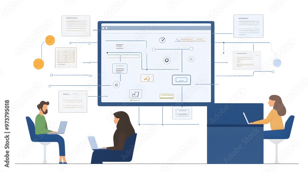 Poster three people working on a complex project with a digital diagram and documents