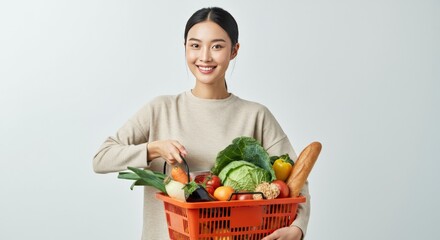 Happy Woman Holding a Basket of Groceries