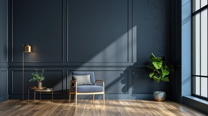 Modern living room interior with comfortable sofa and dark blue walls AI generated image