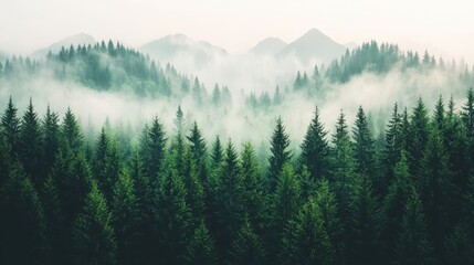 Misty Mountain Forest Landscape With Evergreen Trees