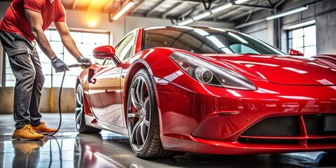 Fototapeta premium A gleaming red sports car undergoes meticulous detailing as a high-tech polisher whirs to life, buffing out