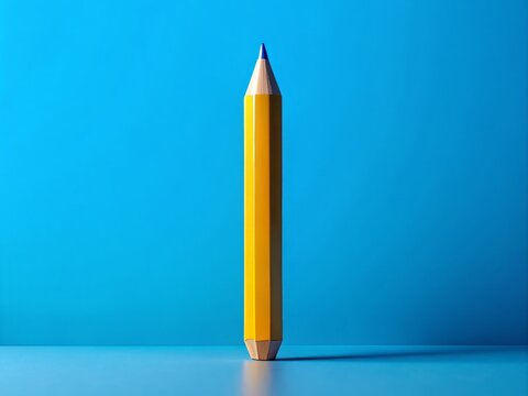 A gigantic yellow pencil stands upright on a bright blue background, its oversized tip and eraser end majestically