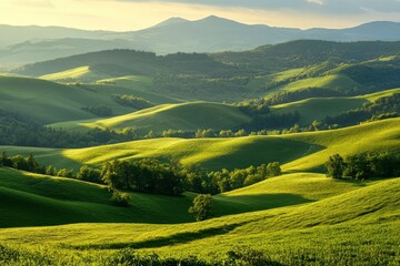 A scenic view of rolling green hills and distant mountains in the Kralicky Sneznik Mountains of Czechia. The landscape is bathed in warm sunlight, creating a serene and peaceful atmosphere , ai