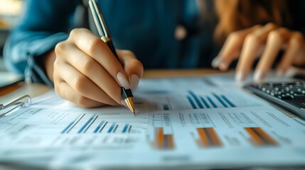 Close-up of a Woman's Hand Holding a Pen Over a Spreadsheet