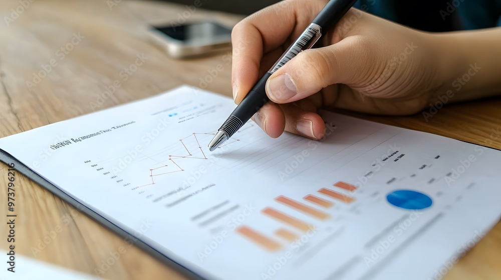 Poster hand pointing at a line graph on a business report