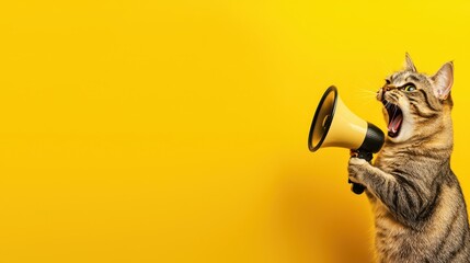 Funny Cat Shouting into Megaphone on Yellow Background