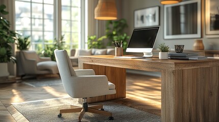 Modern office space with a desk, computer, and plants.