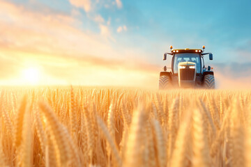 Obraz premium Golden wheat field at sunset with a tractor working the land in a serene rural landscape