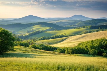 Fototapeta premium A scenic view of rolling green hills and distant mountains in the Kralicky Sneznik Mountains of Czechia. The landscape is bathed in warm sunlight, creating a serene and peaceful atmosphere , ai