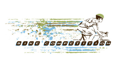 Stylized cyclist illustration. Composition art with text and texture effects.