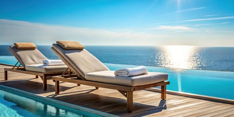 Fototapeta premium Sunbeds with towels by the pool overlooking the sea , vacation, relaxation, travel, summer, sunbathing, resort, leisure