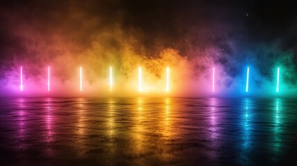 Neon Lights Reflecting in Water with Smoke and Fog