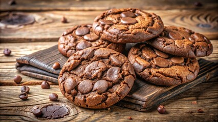 Obraz premium Delicious brownie chocolate chip cookies on a rustic wooden table, brownie, chocolate chip, cookies, dessert, sweet