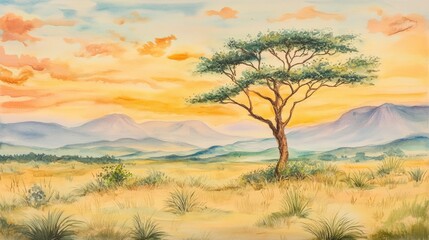 Fototapeta premium Solitary tree on grassy hill at sunset with distant mountains.