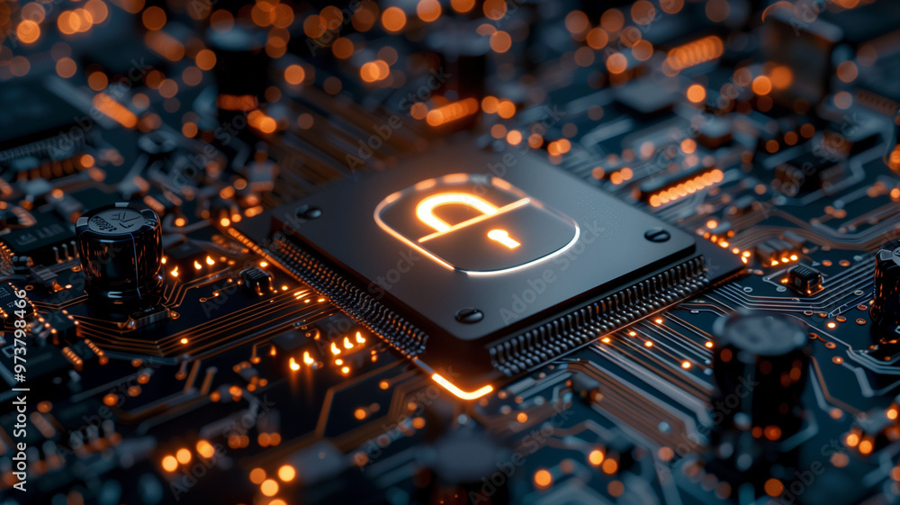 Poster a neon lock icon symbolizes security in high tech circuit board scene