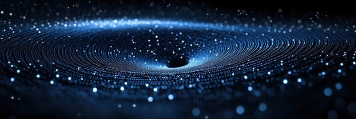 Abstract futuristic dark spiral pattern on a dark blue background with dotted whirlpool design, representing technology and science concepts, perfect for banners and presentations.