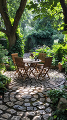 Obraz premium London garden in summer with patio, wooden garden furniture and a parasol or sun umbrella