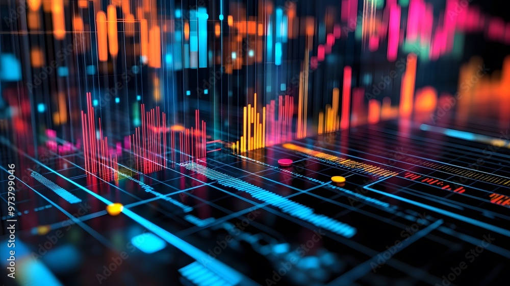 Poster abstract digital data visualization with neon colored lines and bars