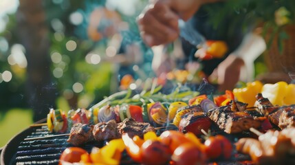 Friends gathering for a barbecue in the backyard, grilling organic meats and garden vegetables