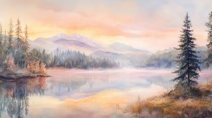 Fototapeta premium Vibrant autumn forest reflecting on a calm lake with mountains.