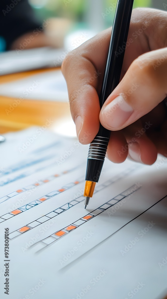 Poster close-up of a hand writing on a paper checklist with an orange pen, emphasizing organization and tas