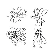 set of insects in doodle, in black by hand. collection of fly, bee, grasshopper, moth and beetles, isolated on white background