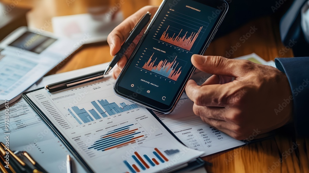Poster close-up of a hand holding a smartphone displaying financial data with graphs and charts