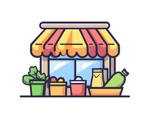 Obraz premium Colorful market stand with various fresh fruits, vegetables, and drinks under a striped awning, perfect for a healthy lifestyle.