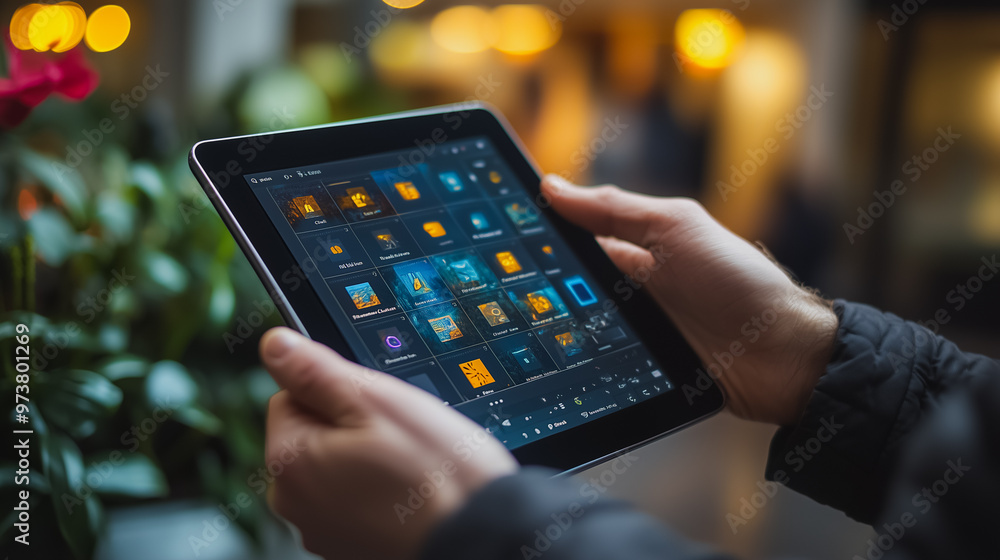 Aufkleber a person is holding a tablet with a screen displaying a variety of apps. concept of technology and p