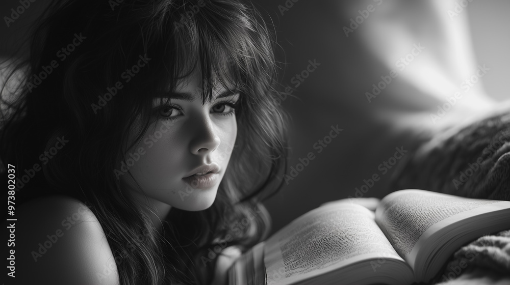 Poster a woman is laying on a bed with a book open in front of her. she is looking at the camera with a ser