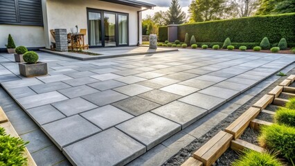 Gray concrete paving stones being laid in a modern outdoor patio setting, concrete, paving stones