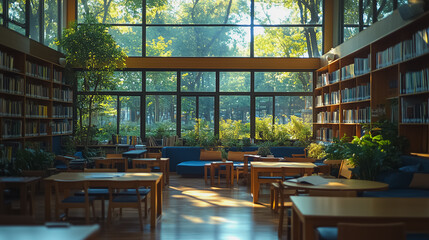 A large room with many tables and chairs, and a lot of books. The room is bright and sunny, and there are potted plants in the room. Scene is peaceful and inviting
