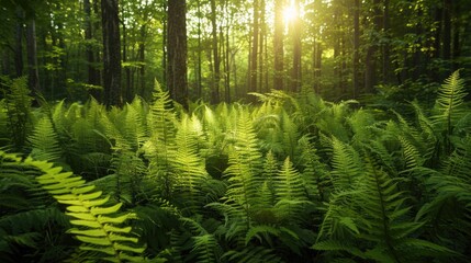 Green ferns in a forest setting, mystical and enchanting midsummer night scene