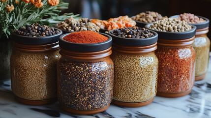 A row of spice jars with a variety of spices including cumin, paprika, and chili powder