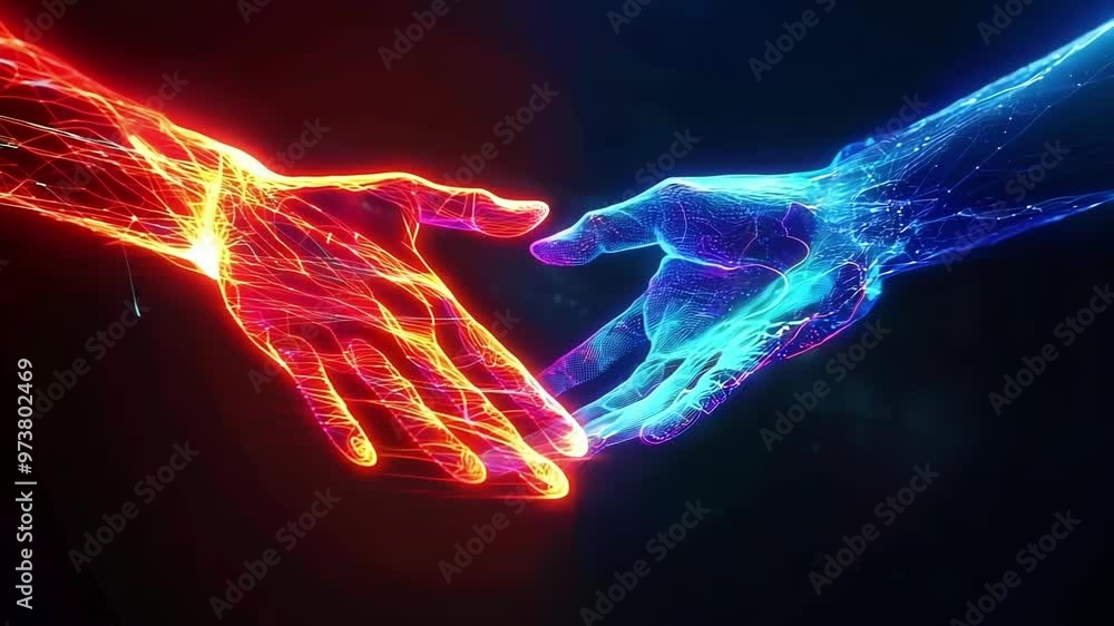 Poster holographic hand is touching a digital interface, creating a futuristic technological scene with blu