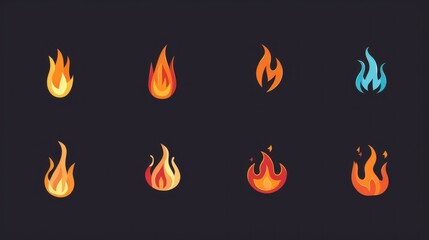 Collection of flat style fire icons suitable for app notifications and alerts.
