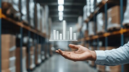 A logistics businessman s hands guiding a floating bar graph showing ROI over time, with a warehouse in the background