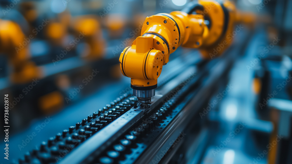 Poster a robot is working on a machine, and the image conveys a sense of precision and efficiency