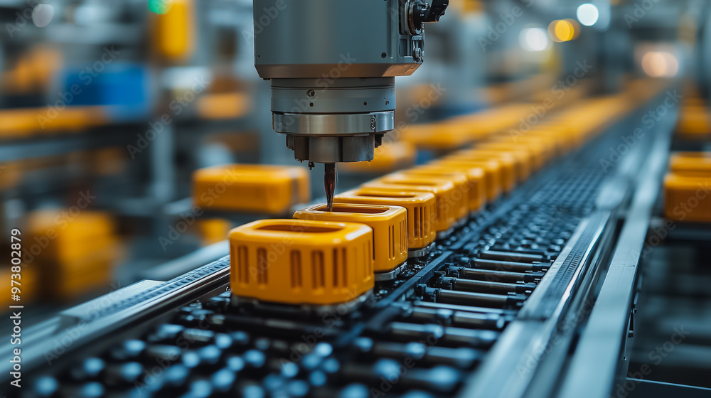 Poster a conveyor belt with a machine that is making boxes. the boxes are yellow and are being made by a ma