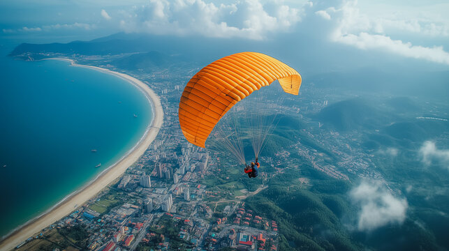 A man is flying a parachute over a city and beach. The sky is cloudy and the beach is blue