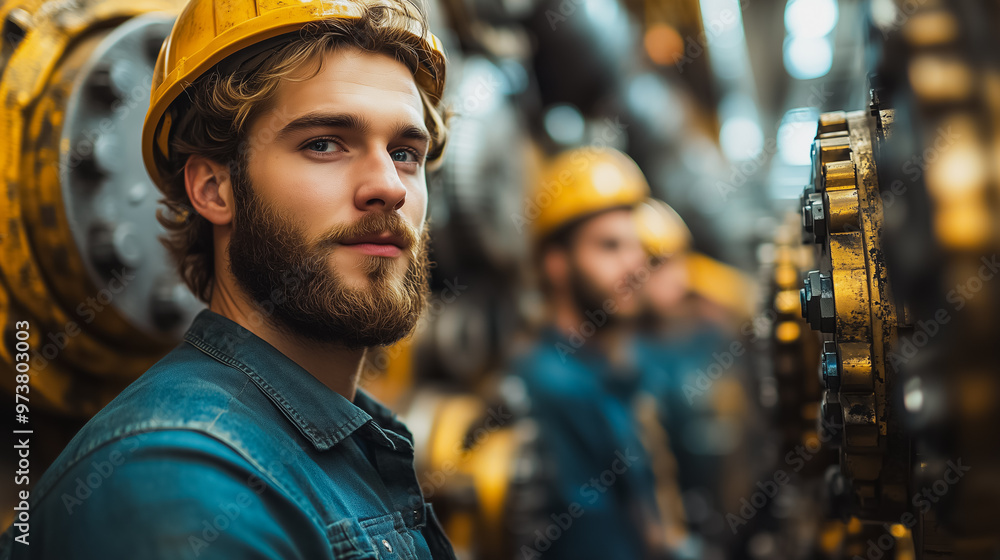 Poster a man with a beard and a yellow helmet is standing in front of a machine. he is smiling and looking 
