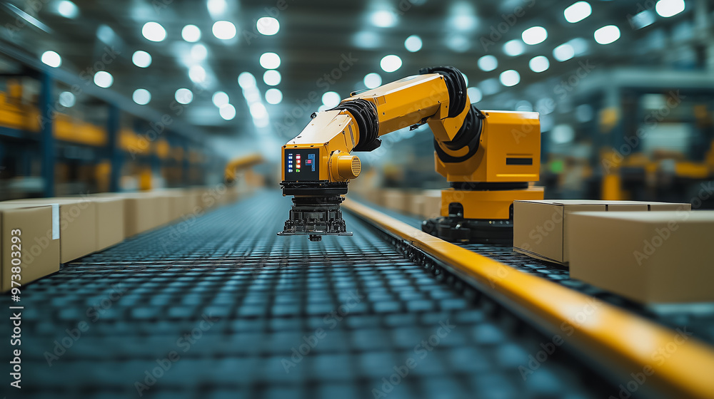 Poster a robot is working on a conveyor belt with boxes. the robot is yellow and has a camera on its head