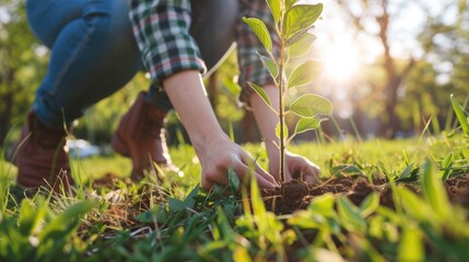 Fototapeta premium Person planting a tree sapling in a green field, highlighting sustainable living and environmental responsibility.