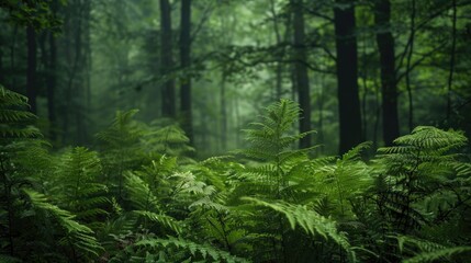 Obraz premium Green ferns creating a mystical atmosphere in a forest setting