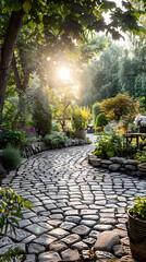 London garden in summer with patio, wooden garden furniture and a parasol or sun umbrella