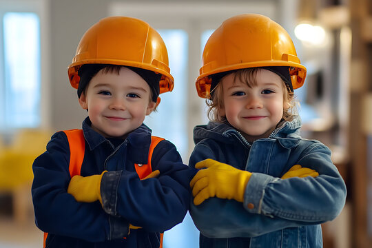 Children dress up as engineers Wearing a hat and gloves, standing with arms crossed. - Powered by Adobe