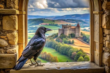 Crow perched in window with medieval landscape in background