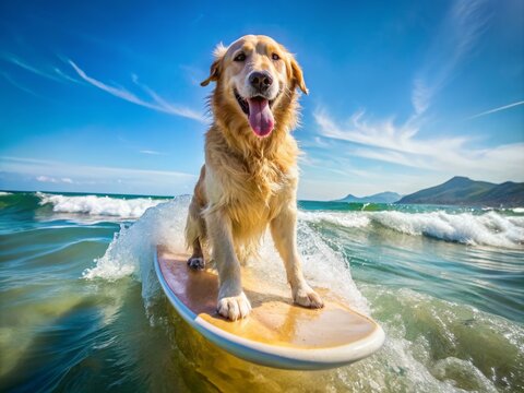 A joyful golden retriever rides a surfboard on a sunny day, catching a wave at the beach with
